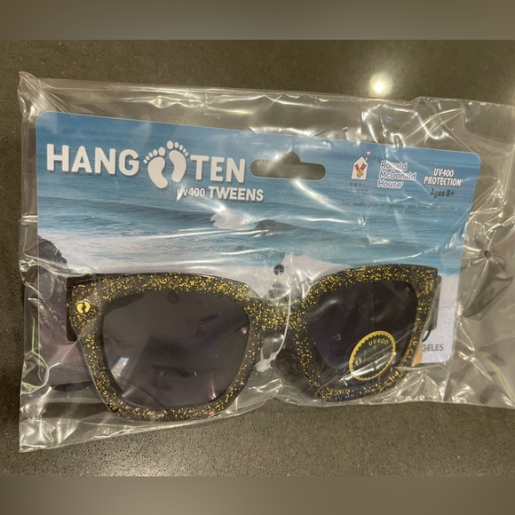 NWT HANG TEN SUNGLASSES, UV400, FOR TWEENS age 8+. Black with Gold Glitter! - Picture 1 of 9